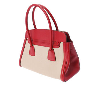 Prada Tote Bag Red Canvas Leather Tan Beige Handbag